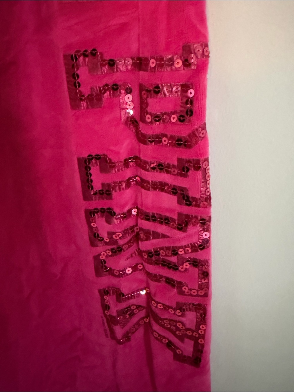 Vintage Hot Pink Velour Lounge Pants with Side Sequin Script - Picture 3 of 9